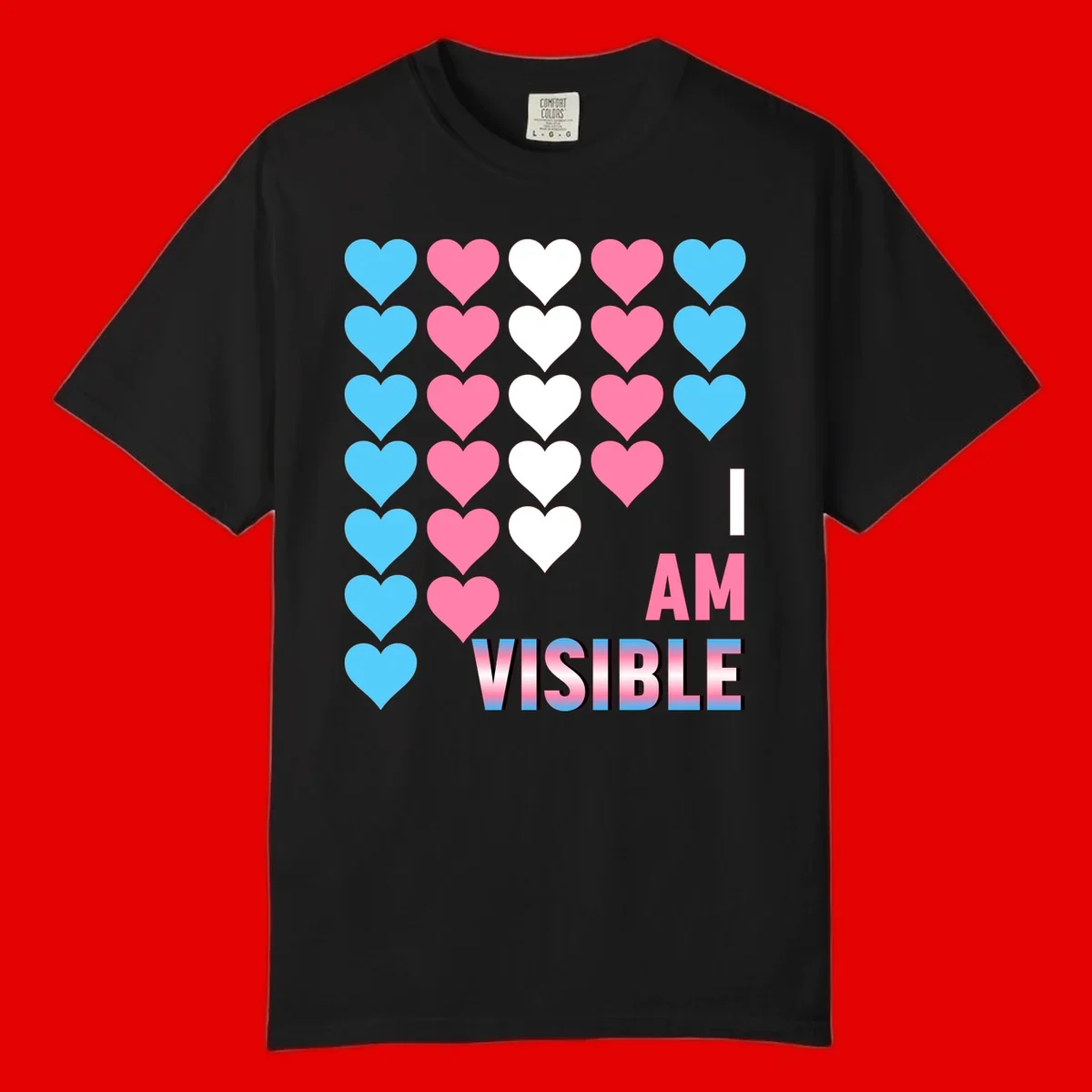 I Am Visible Pride design with repeating cyan, pink, and white hearts on gray background and gradient text message