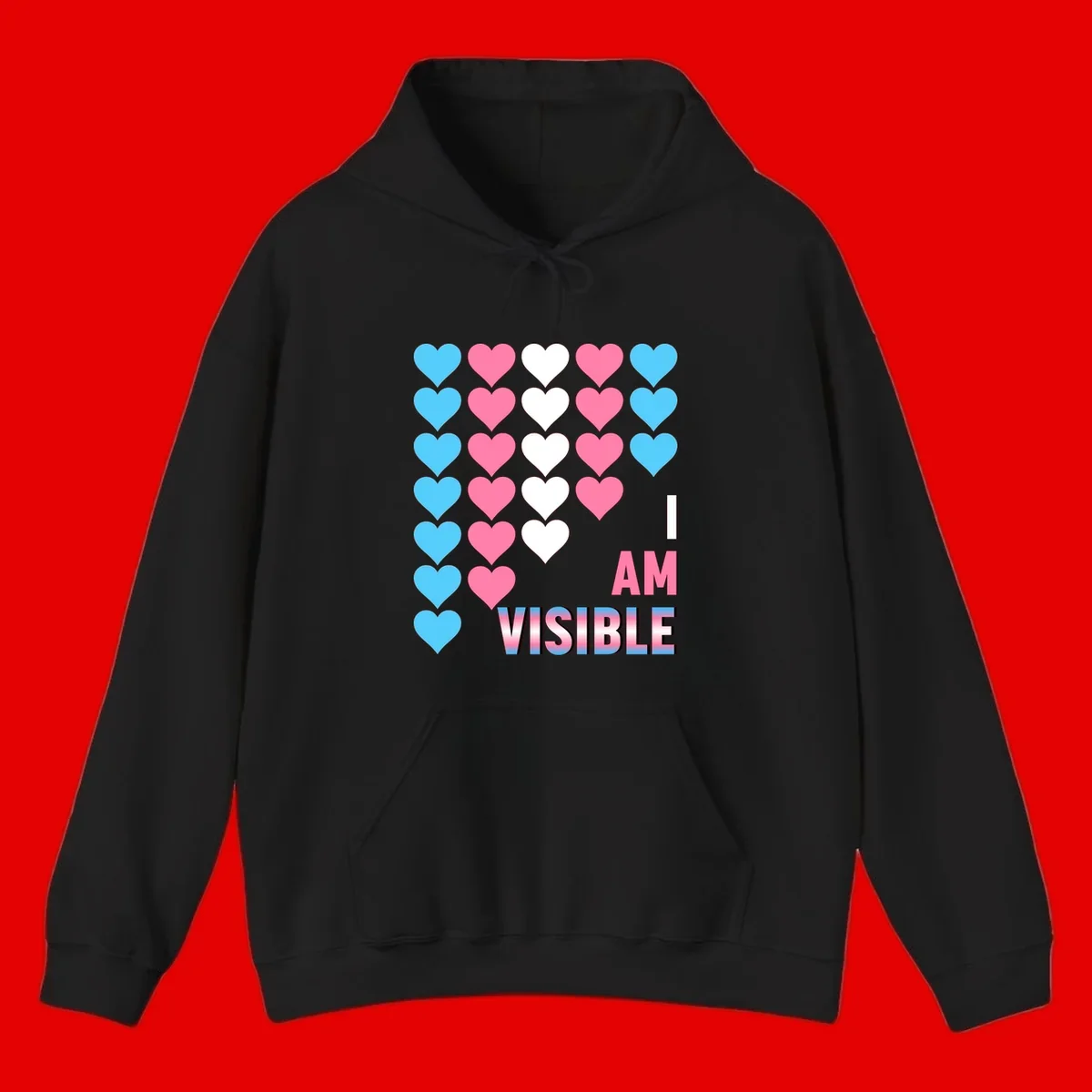 I Am Visible Pride design with repeating cyan, pink, and white hearts on gray background and gradient text message