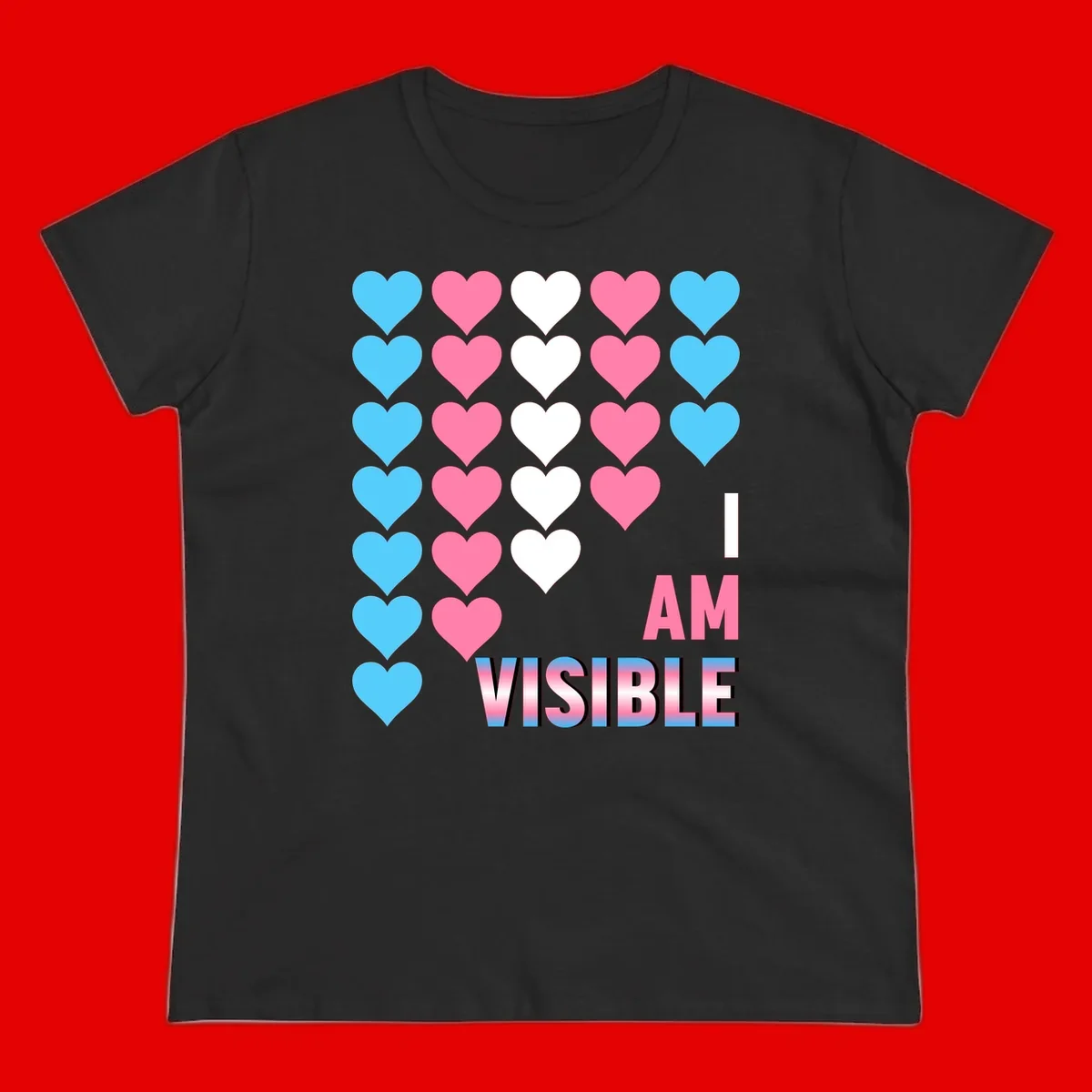 I Am Visible Pride design with repeating cyan, pink, and white hearts on gray background and gradient text message
