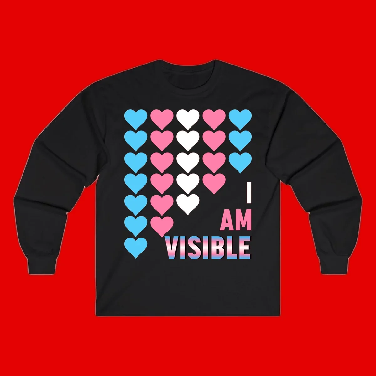 I Am Visible Pride design with repeating cyan, pink, and white hearts on gray background and gradient text message