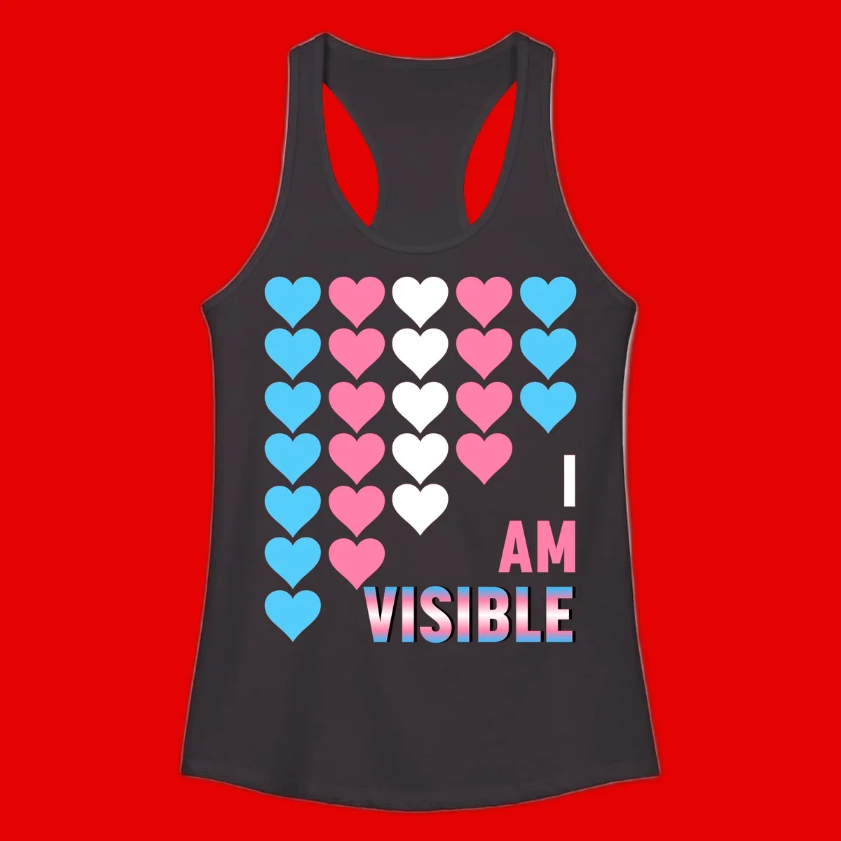 I Am Visible Pride design with repeating cyan, pink, and white hearts on gray background and gradient text message
