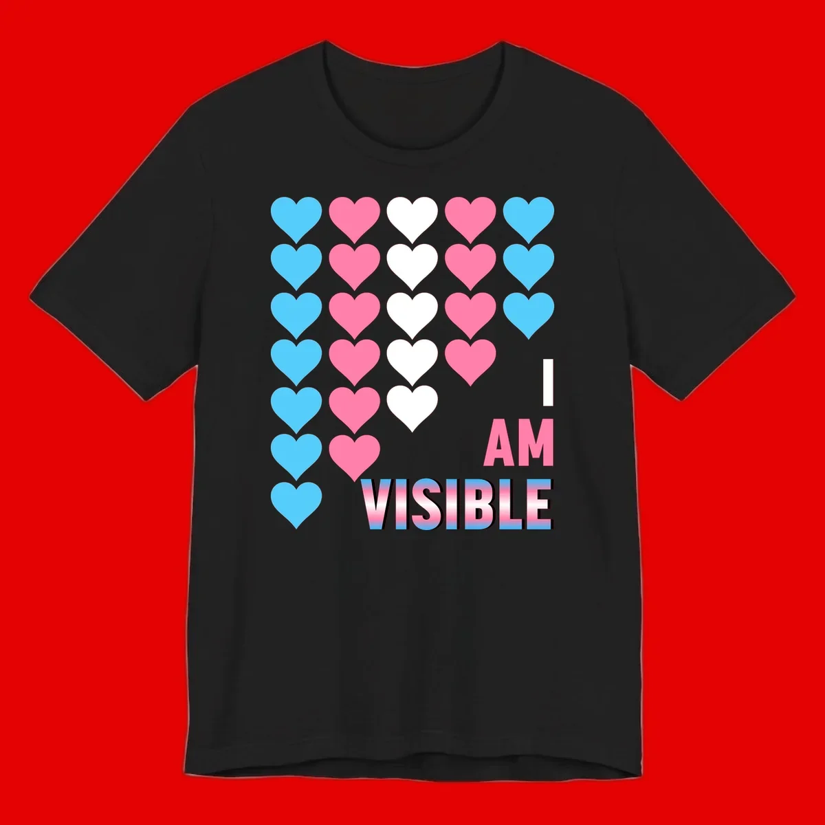 I Am Visible Pride design with repeating cyan, pink, and white hearts on gray background and gradient text message