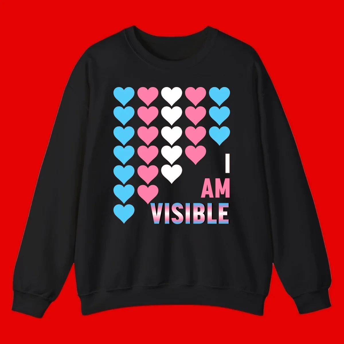 I Am Visible Pride design with repeating cyan, pink, and white hearts on gray background and gradient text message
