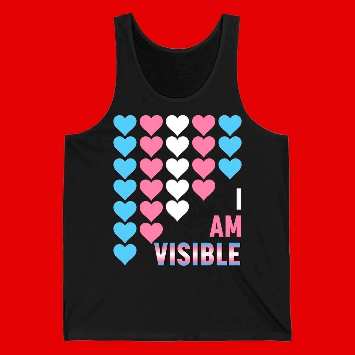 I Am Visible Pride design with repeating cyan, pink, and white hearts on gray background and gradient text message