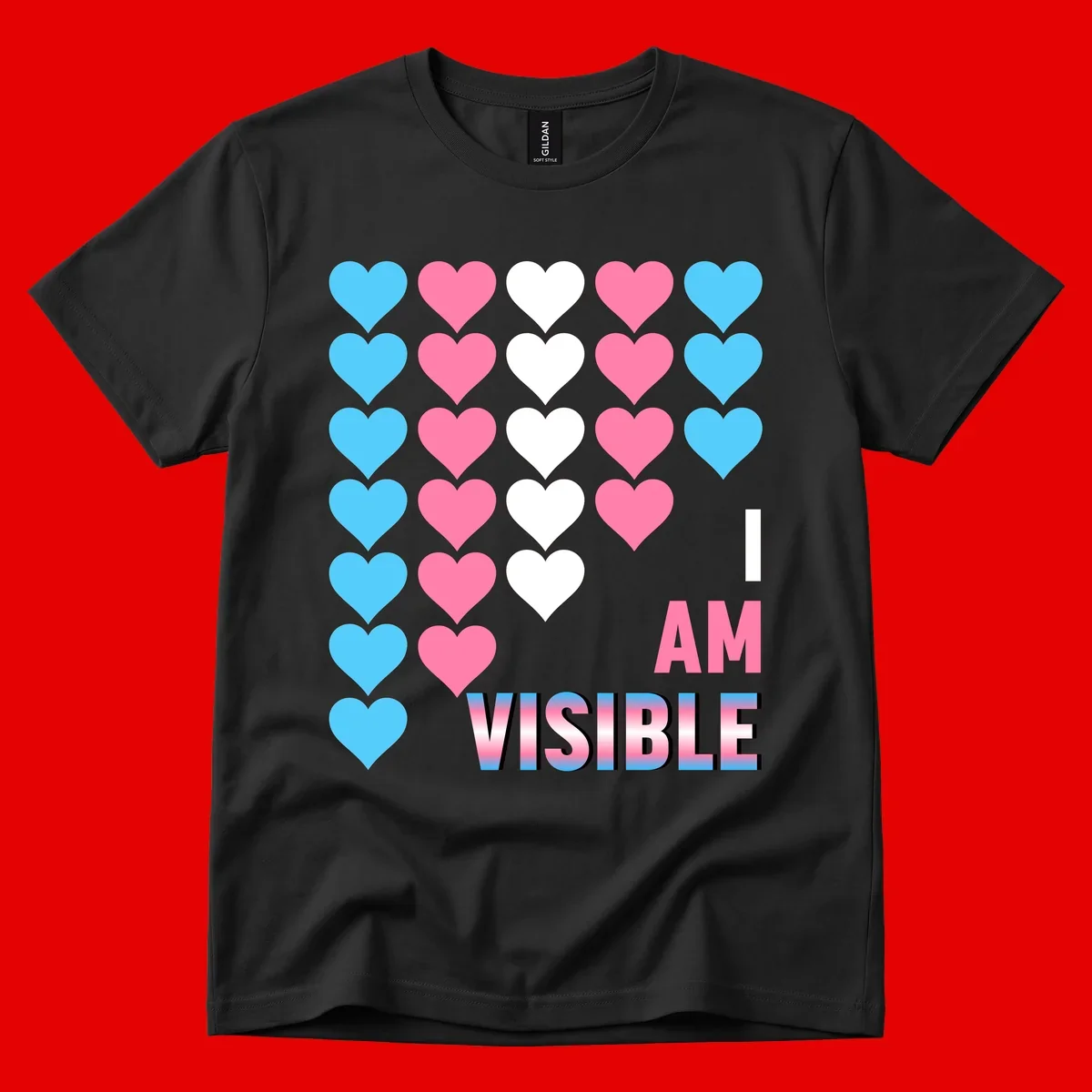 I Am Visible Pride design with repeating cyan, pink, and white hearts on gray background and gradient text message