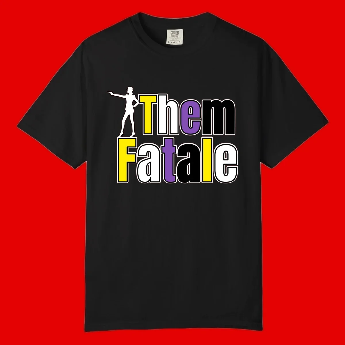 The gym fatalig design with silhouetted figure in power pose and colorful bold text
