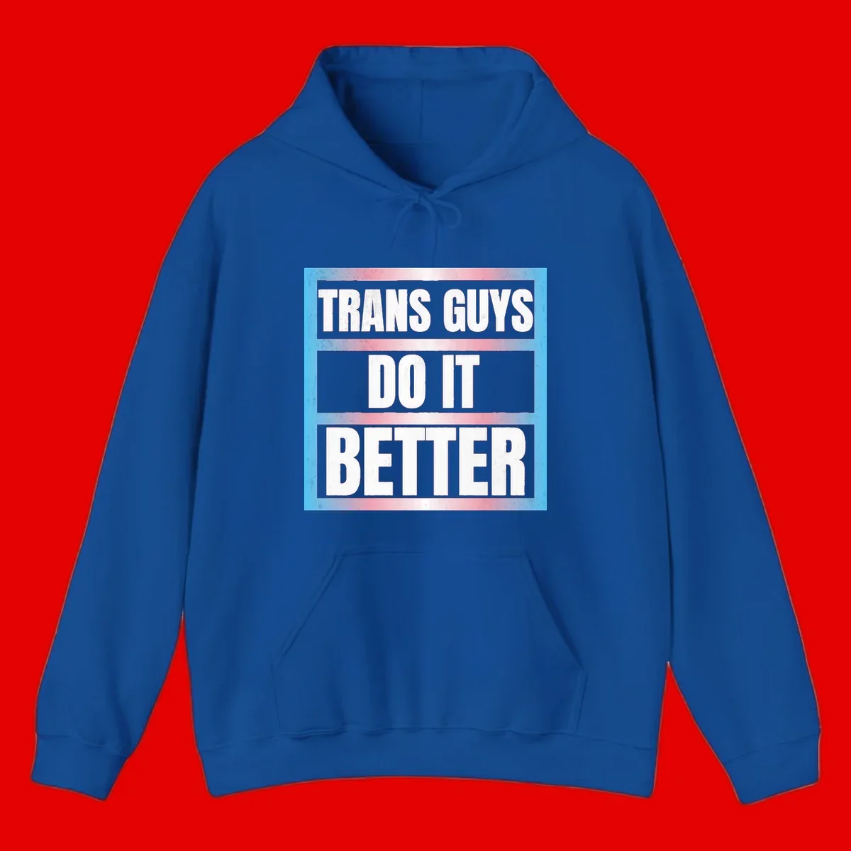 Bold white text reading 'TRANS GUYS DO IT BETTER' on gray bands with transgender flag watercolor background in blue, pink, and white.
