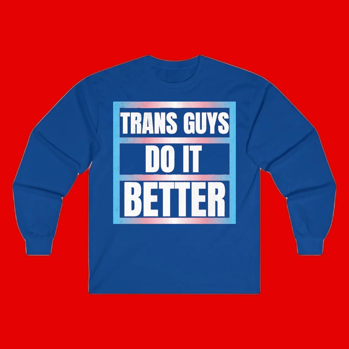 Bold white text reading 'TRANS GUYS DO IT BETTER' on gray bands with transgender flag watercolor background in blue, pink, and white.