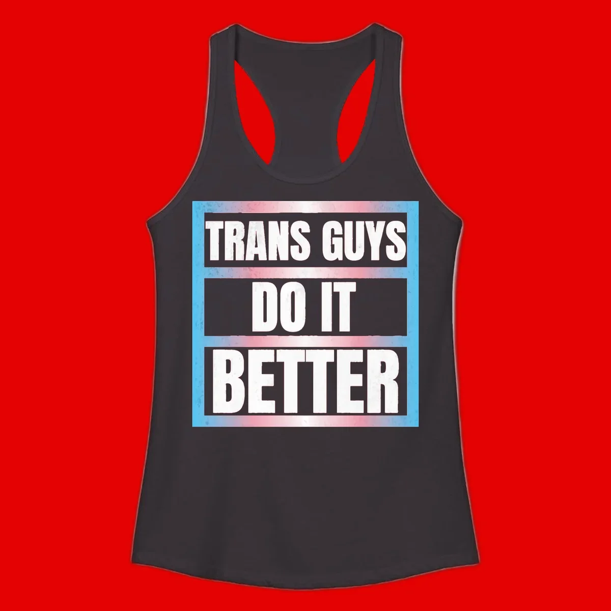 Bold white text reading 'TRANS GUYS DO IT BETTER' on gray bands with transgender flag watercolor background in blue, pink, and white.