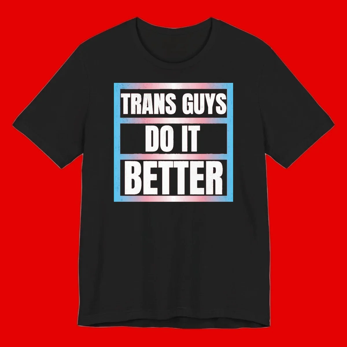 Bold white text reading 'TRANS GUYS DO IT BETTER' on gray bands with transgender flag watercolor background in blue, pink, and white.