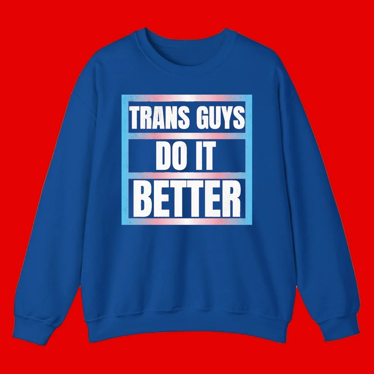 Bold white text reading 'TRANS GUYS DO IT BETTER' on gray bands with transgender flag watercolor background in blue, pink, and white.
