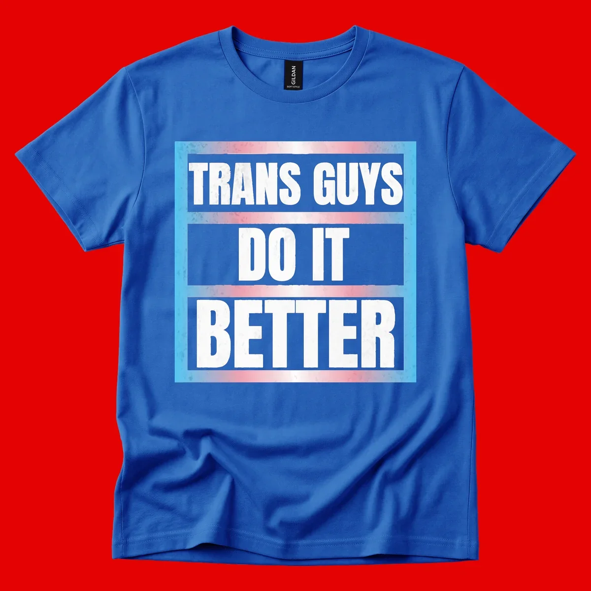 Bold white text reading 'TRANS GUYS DO IT BETTER' on gray bands with transgender flag watercolor background in blue, pink, and white.