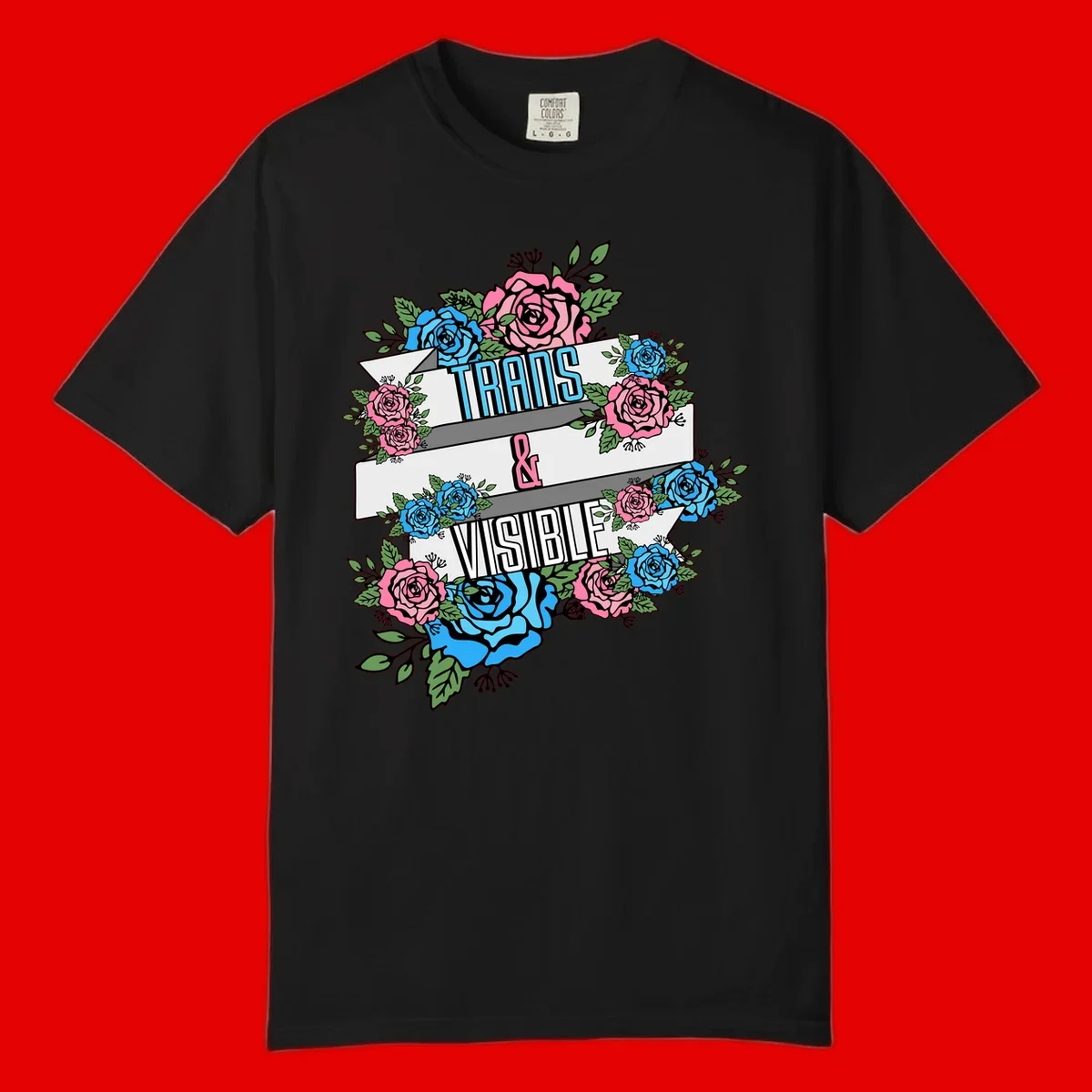 Trains and visible pride design with blue and pink roses and green leaves surrounding banner text on gray background