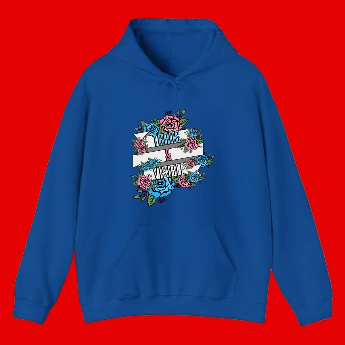 Trains and visible pride design with blue and pink roses and green leaves surrounding banner text on gray background