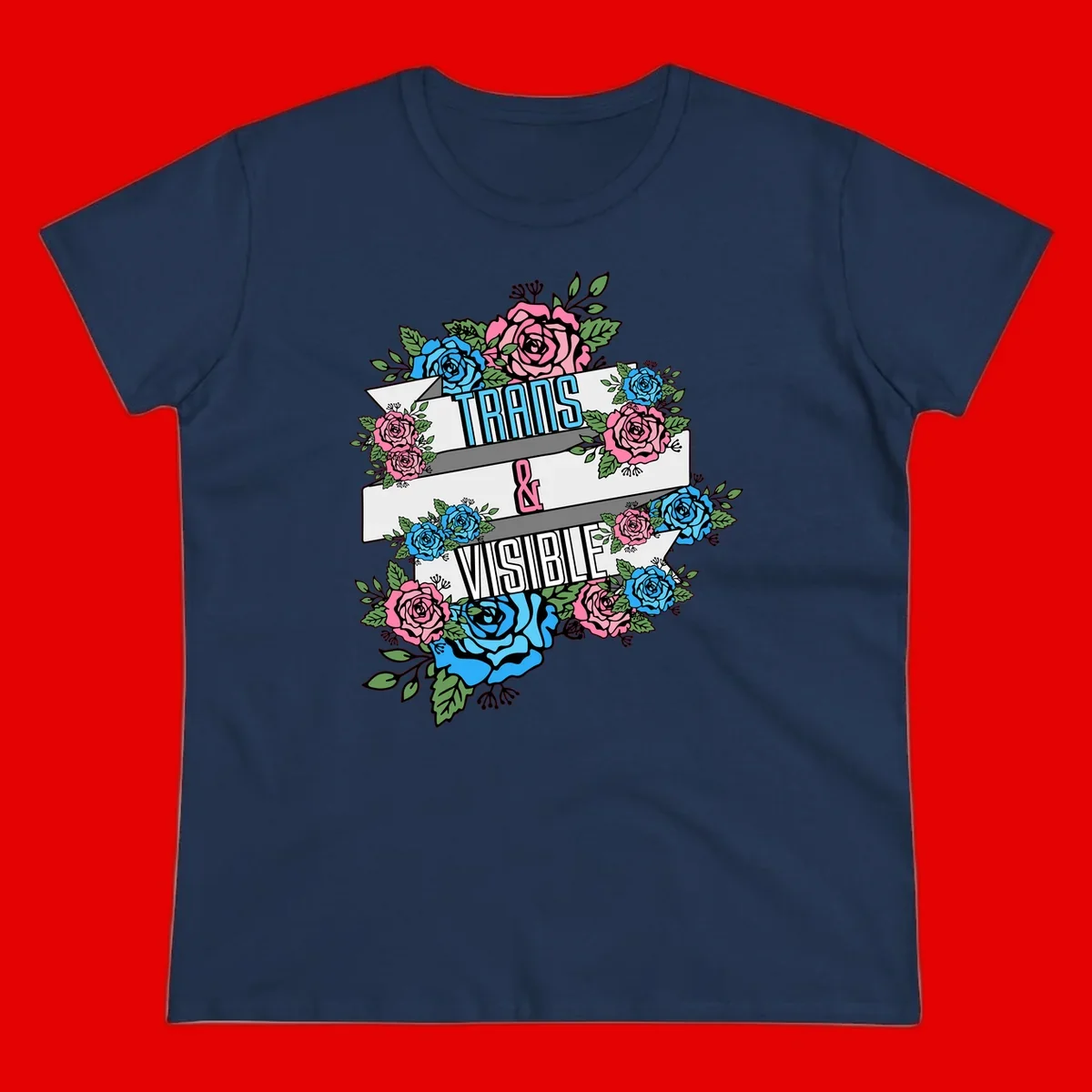 Trains and visible pride design with blue and pink roses and green leaves surrounding banner text on gray background