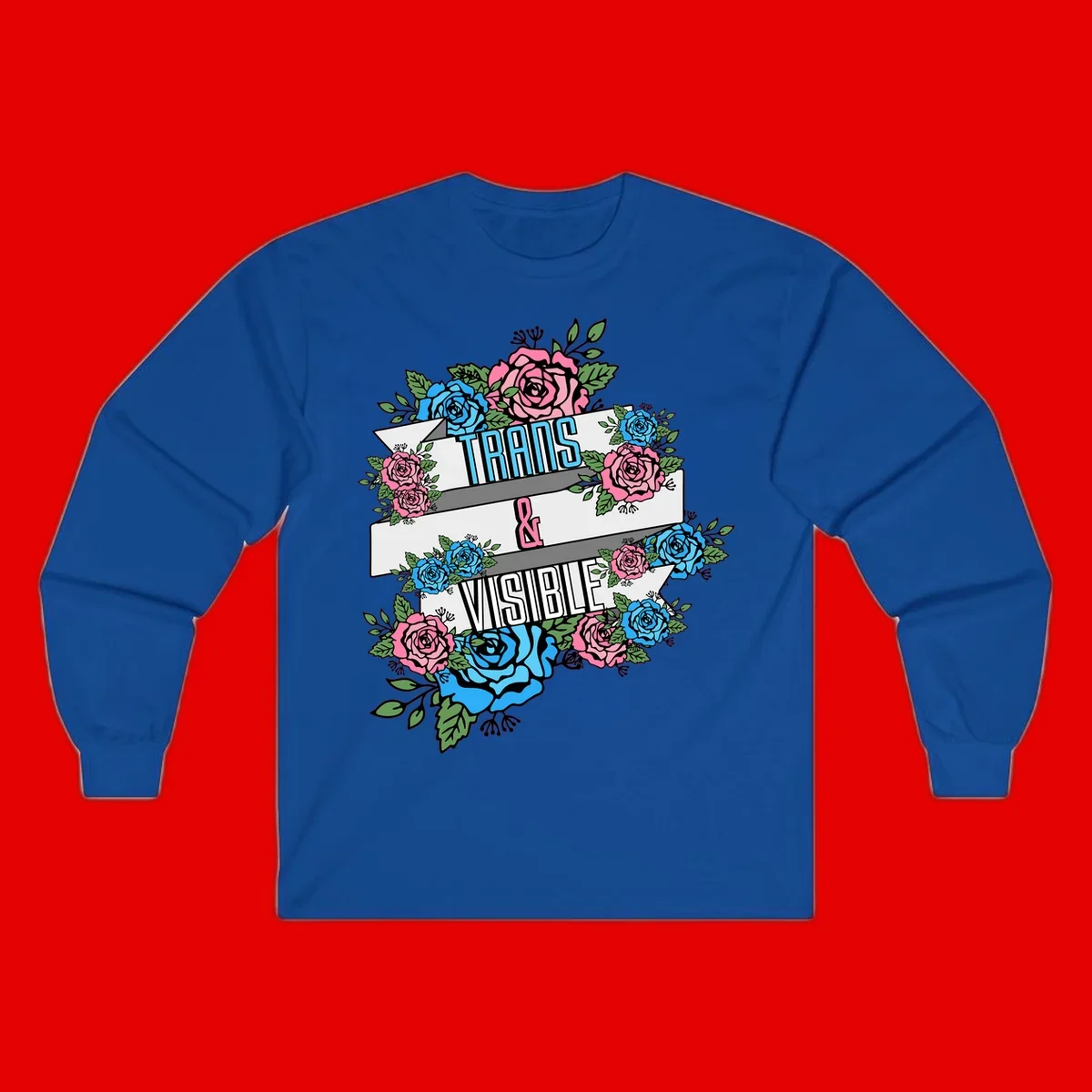 Trains and visible pride design with blue and pink roses and green leaves surrounding banner text on gray background