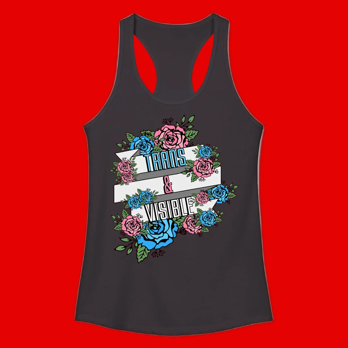 Trains and visible pride design with blue and pink roses and green leaves surrounding banner text on gray background