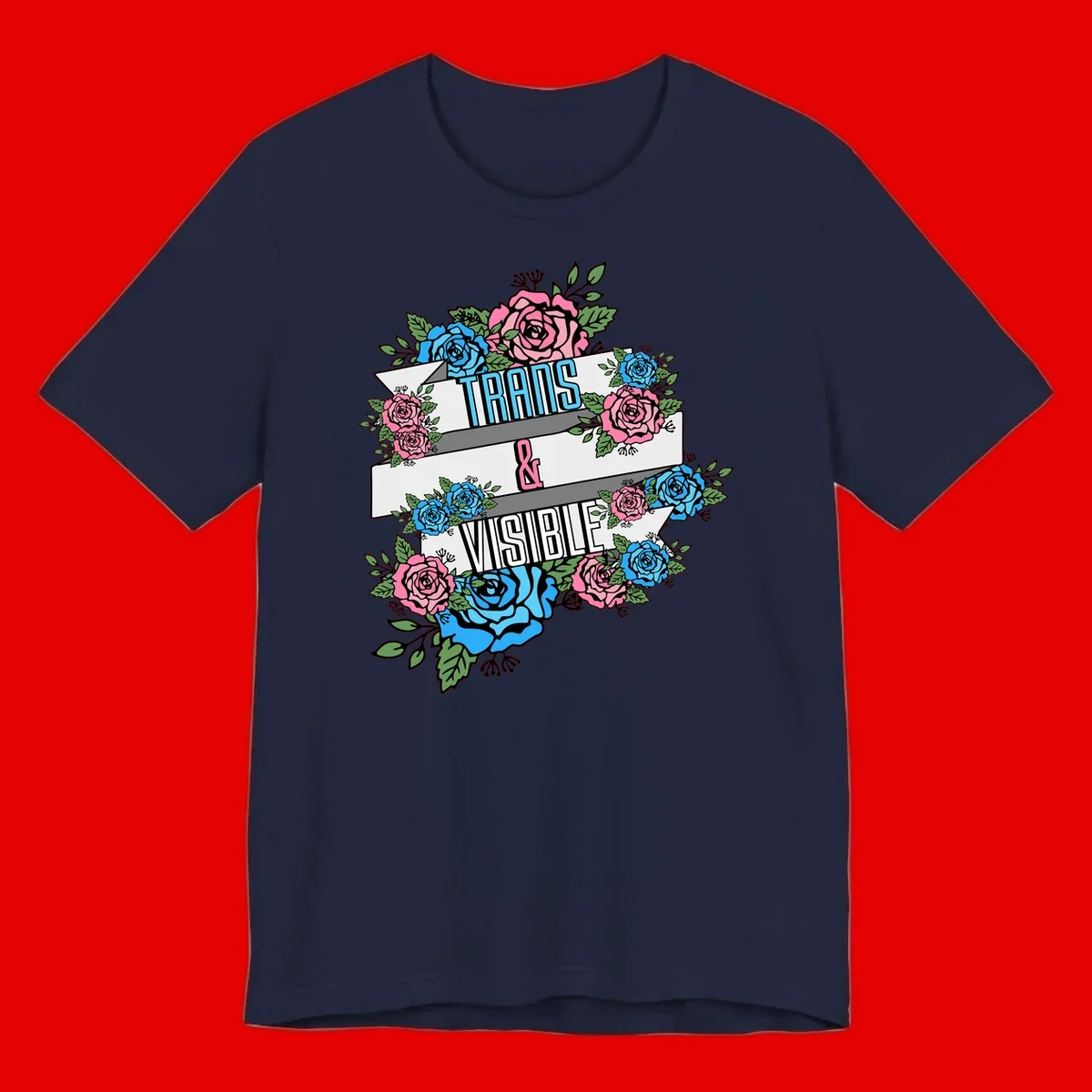 Trains and visible pride design with blue and pink roses and green leaves surrounding banner text on gray background