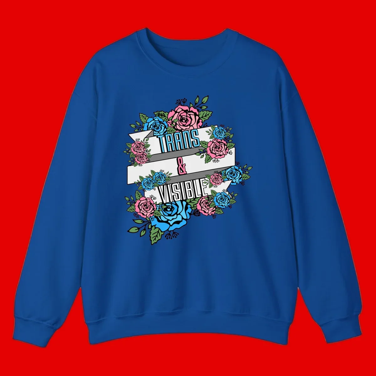 Trains and visible pride design with blue and pink roses and green leaves surrounding banner text on gray background