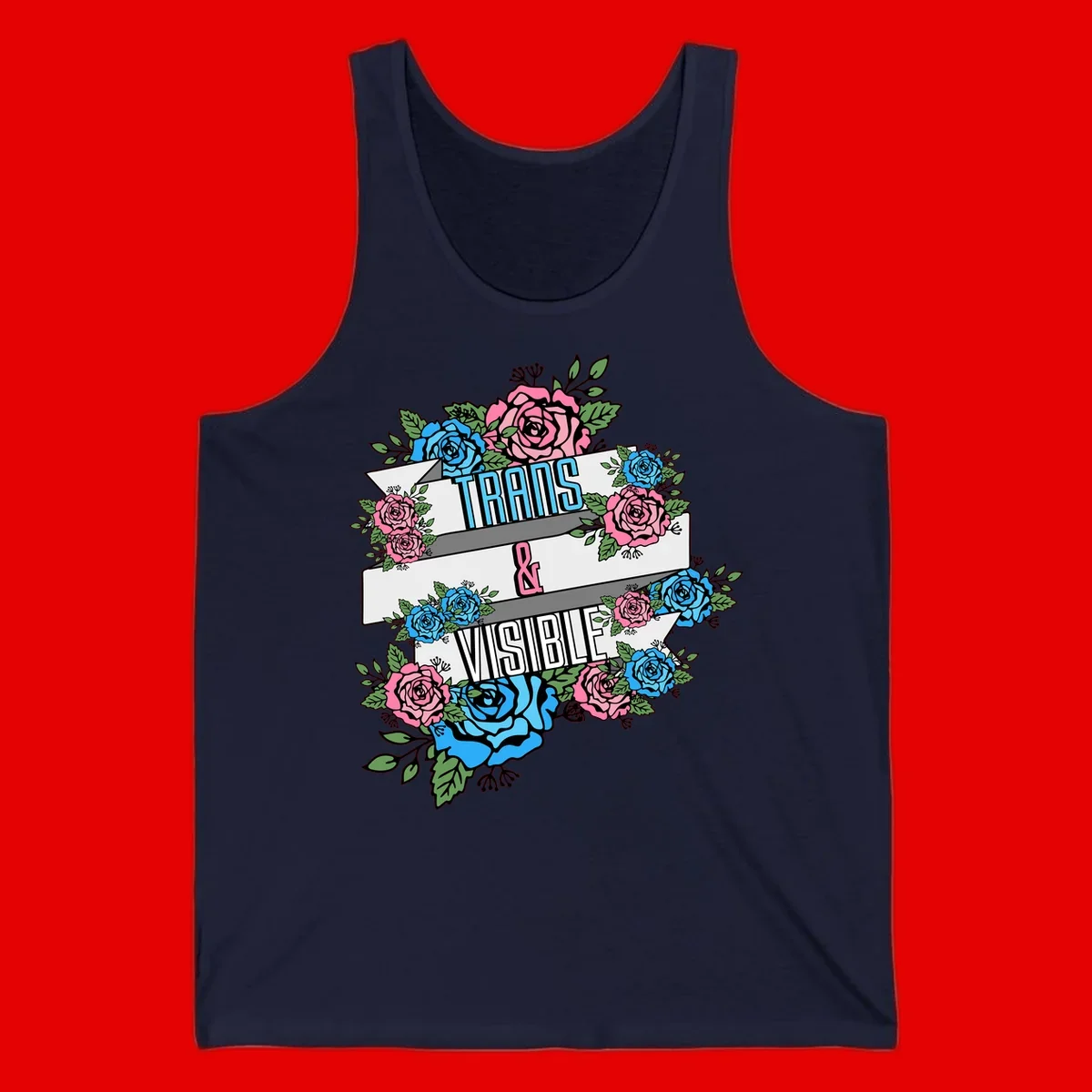 Trains and visible pride design with blue and pink roses and green leaves surrounding banner text on gray background