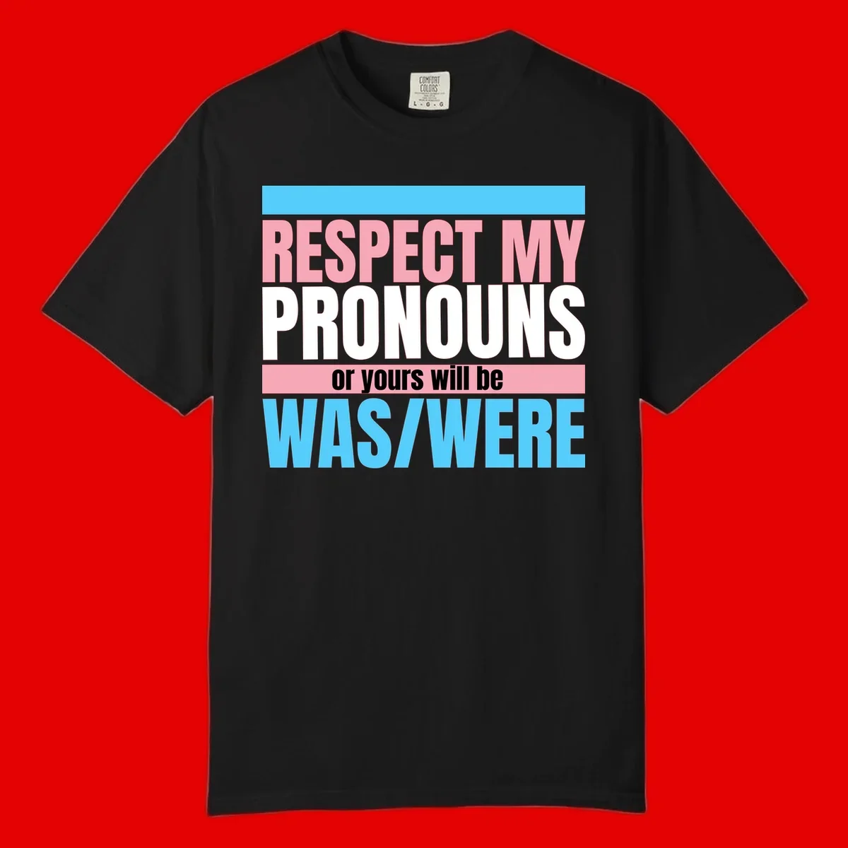 Bold typography design reading 'Respect My Pronouns or yours will be WAS/WERE' in pink, white, and blue letters with gray background