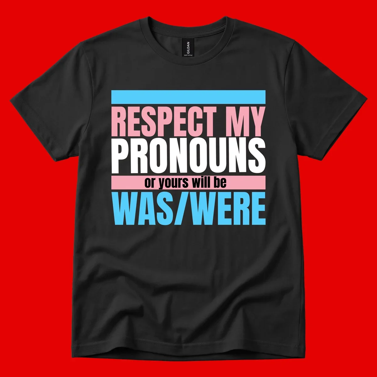 Bold typography design reading 'Respect My Pronouns or yours will be WAS/WERE' in pink, white, and blue letters with gray background