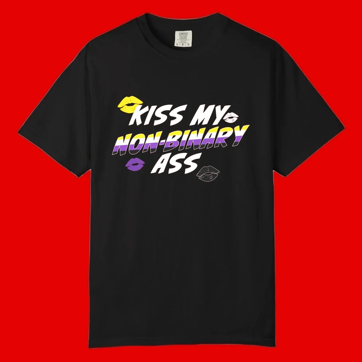 Kiss my non-binary ass pride design with yellow, white, purple and black lip icons and non-binary flag stripes on gray background