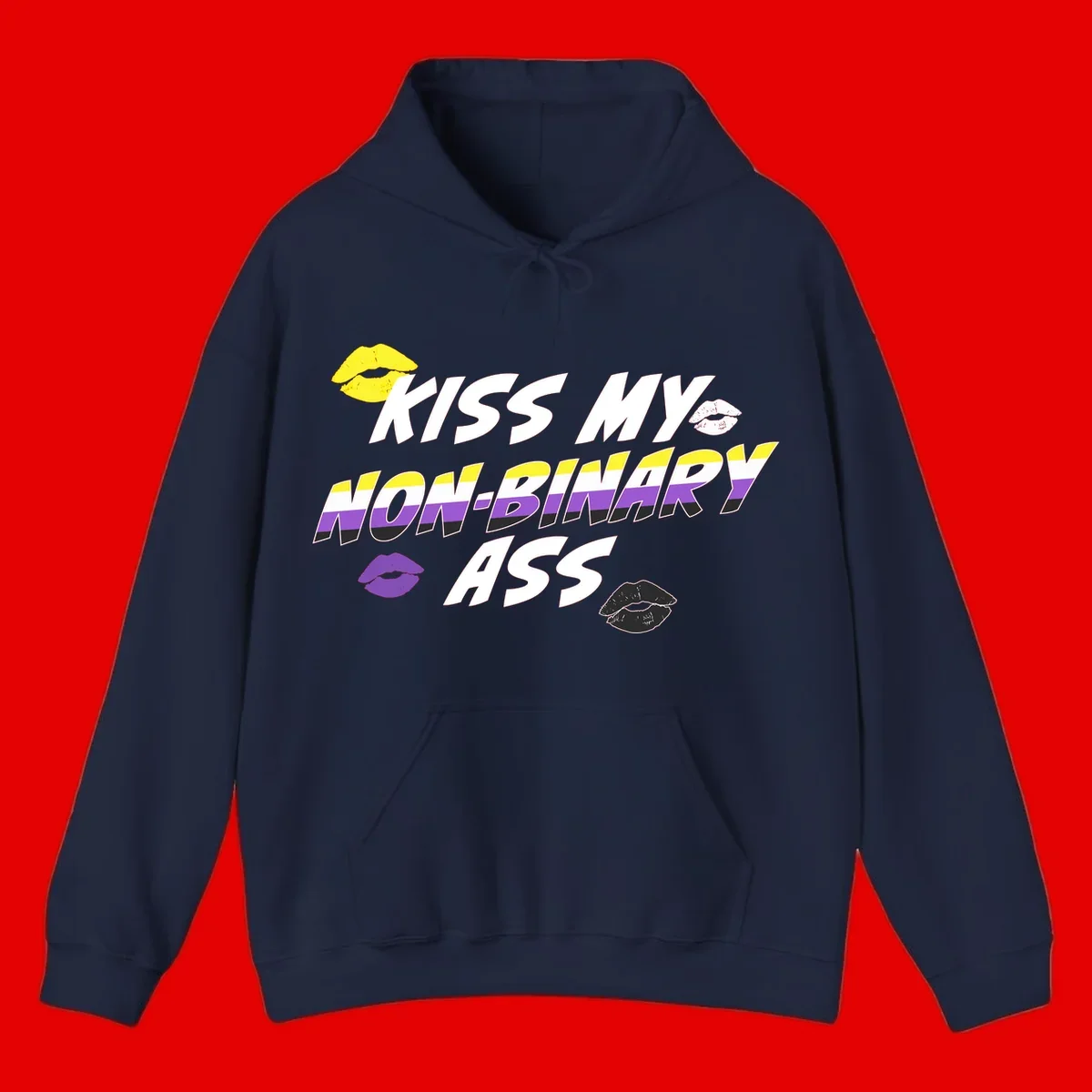 Kiss my non-binary ass pride design with yellow, white, purple and black lip icons and non-binary flag stripes on gray background