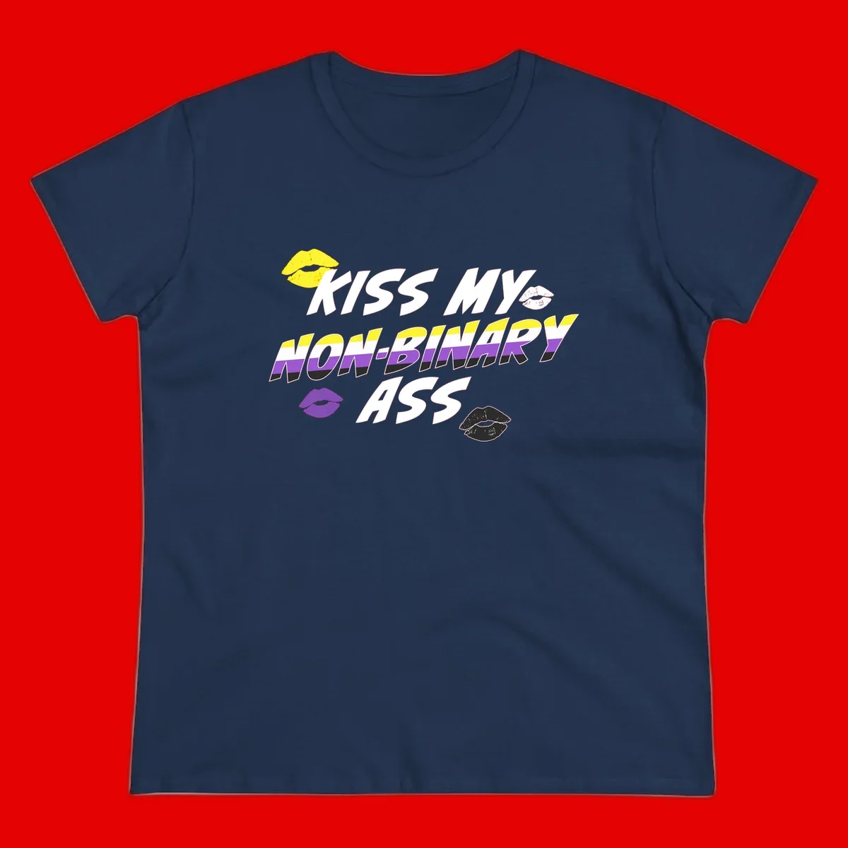 Kiss my non-binary ass pride design with yellow, white, purple and black lip icons and non-binary flag stripes on gray background