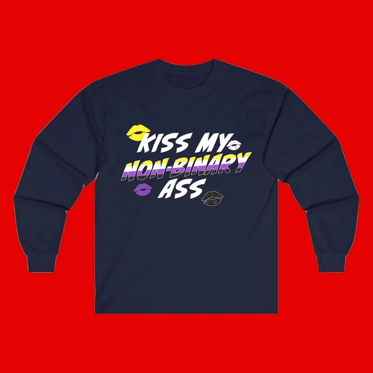 Kiss my non-binary ass pride design with yellow, white, purple and black lip icons and non-binary flag stripes on gray background