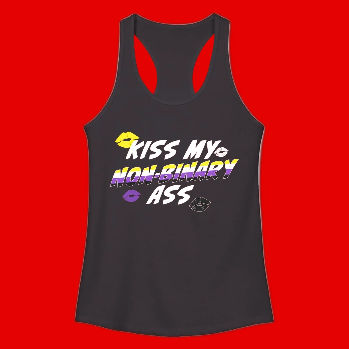 Kiss my non-binary ass pride design with yellow, white, purple and black lip icons and non-binary flag stripes on gray background