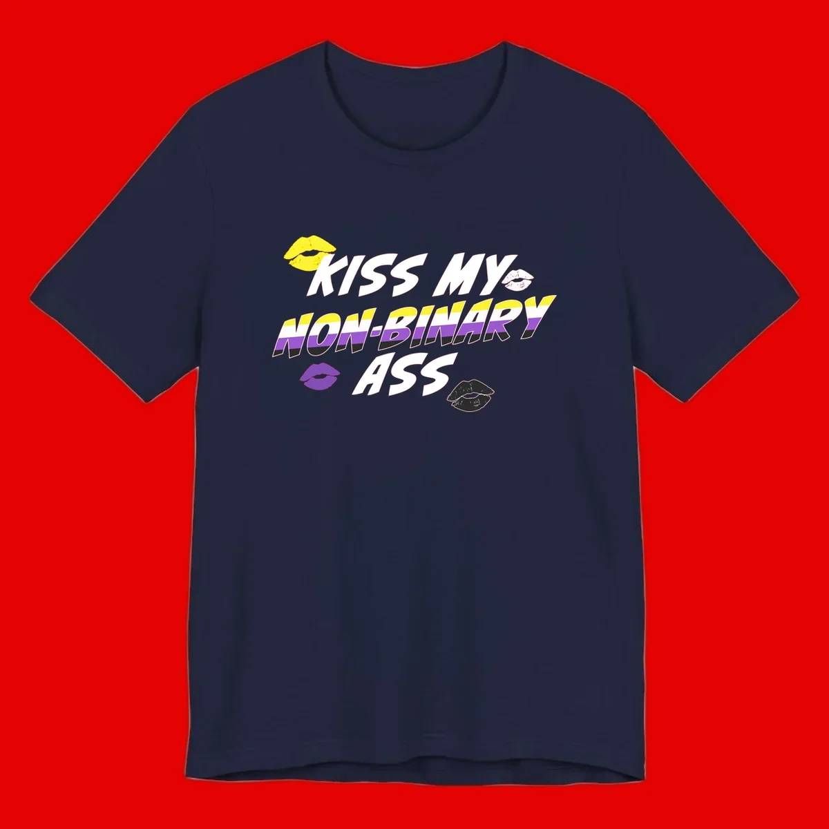 Kiss my non-binary ass pride design with yellow, white, purple and black lip icons and non-binary flag stripes on gray background