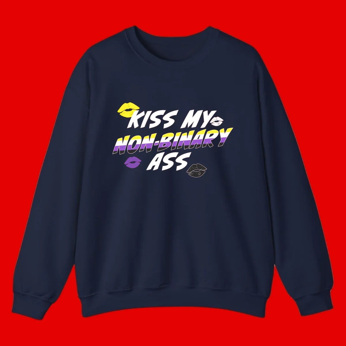 Kiss my non-binary ass pride design with yellow, white, purple and black lip icons and non-binary flag stripes on gray background