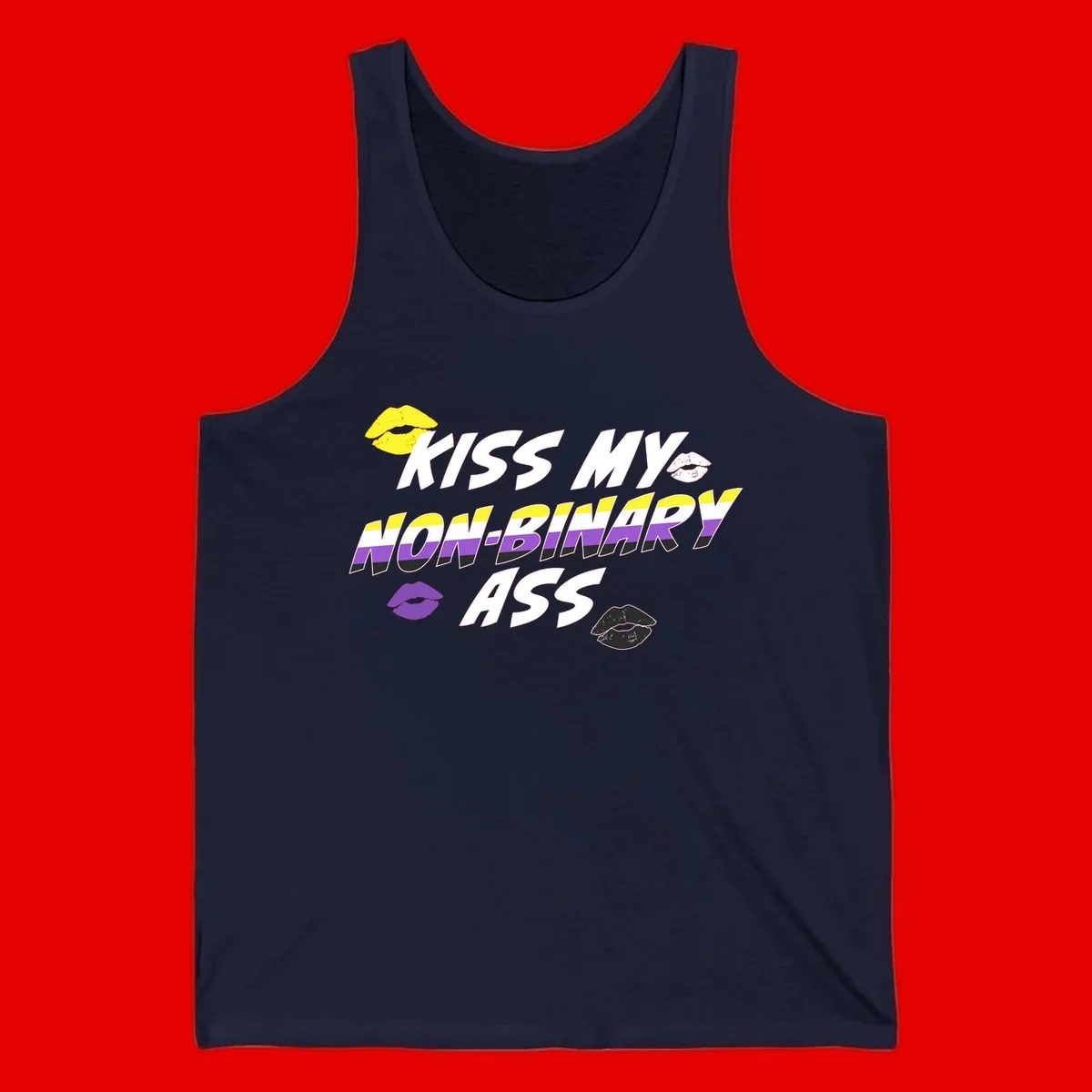 Kiss my non-binary ass pride design with yellow, white, purple and black lip icons and non-binary flag stripes on gray background
