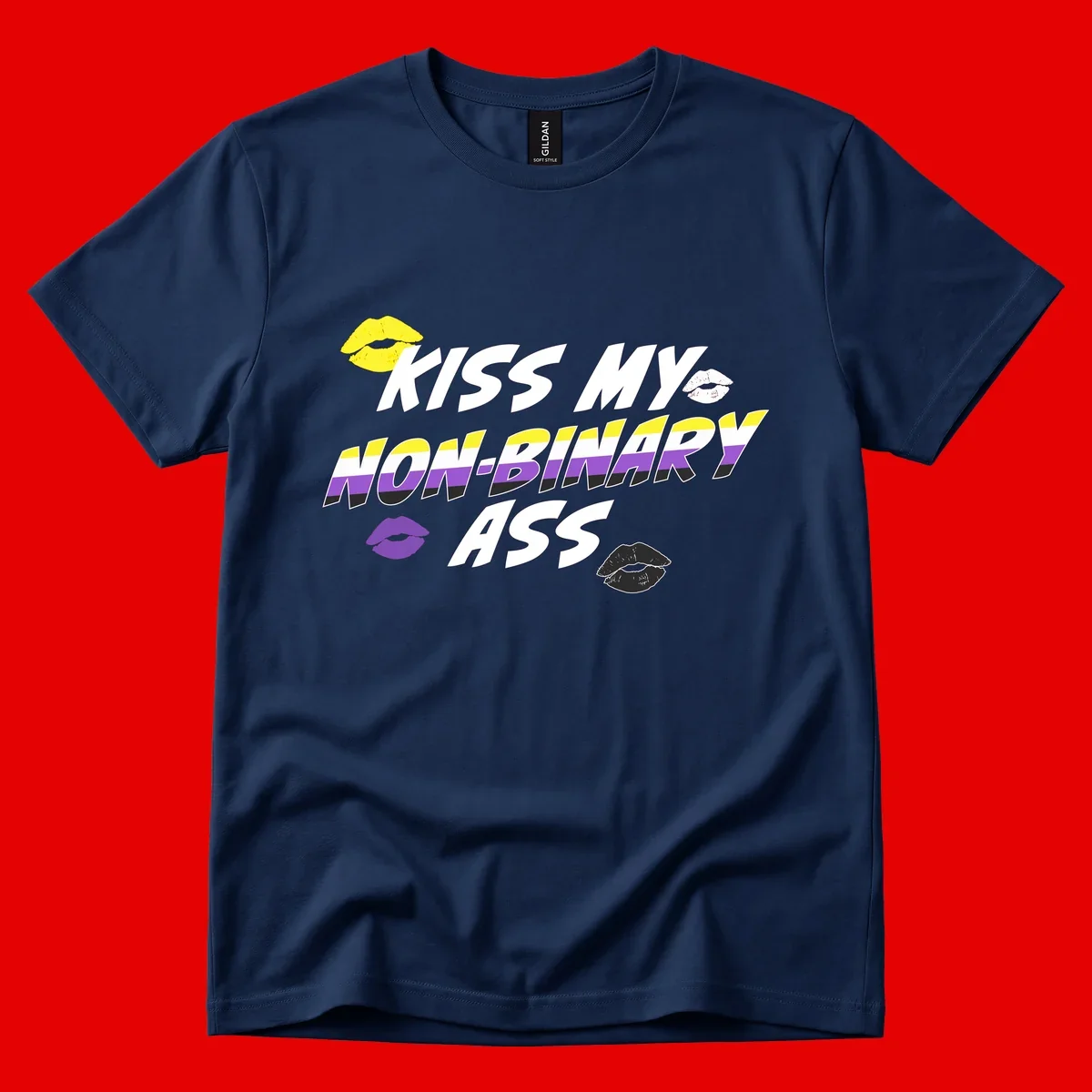 Kiss my non-binary ass pride design with yellow, white, purple and black lip icons and non-binary flag stripes on gray background