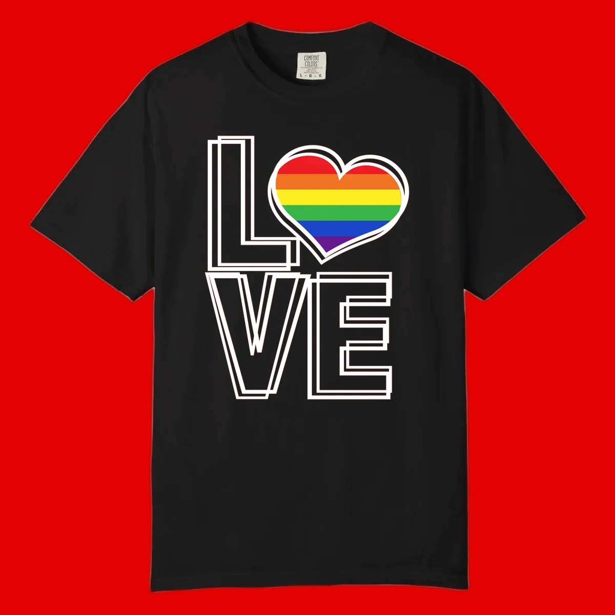 Love is love rainbow heart design with vibrant Pride flag colors in an outlined heart shape and bold LOVE text