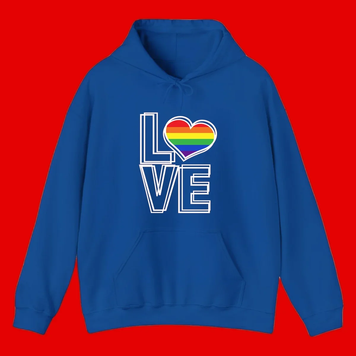 Love is love rainbow heart design with vibrant Pride flag colors in an outlined heart shape and bold LOVE text