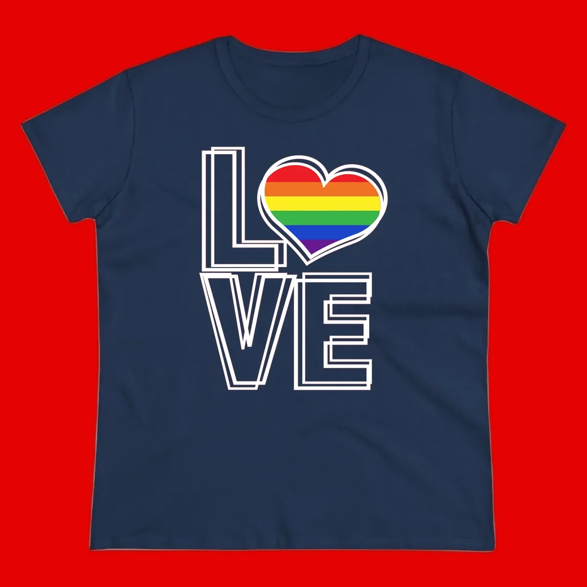 Love is love rainbow heart design with vibrant Pride flag colors in an outlined heart shape and bold LOVE text