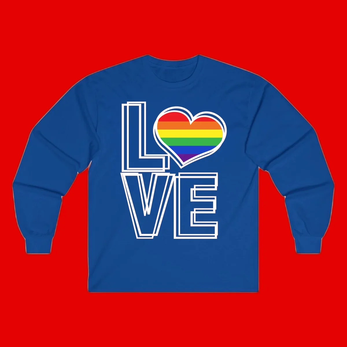 Love is love rainbow heart design with vibrant Pride flag colors in an outlined heart shape and bold LOVE text