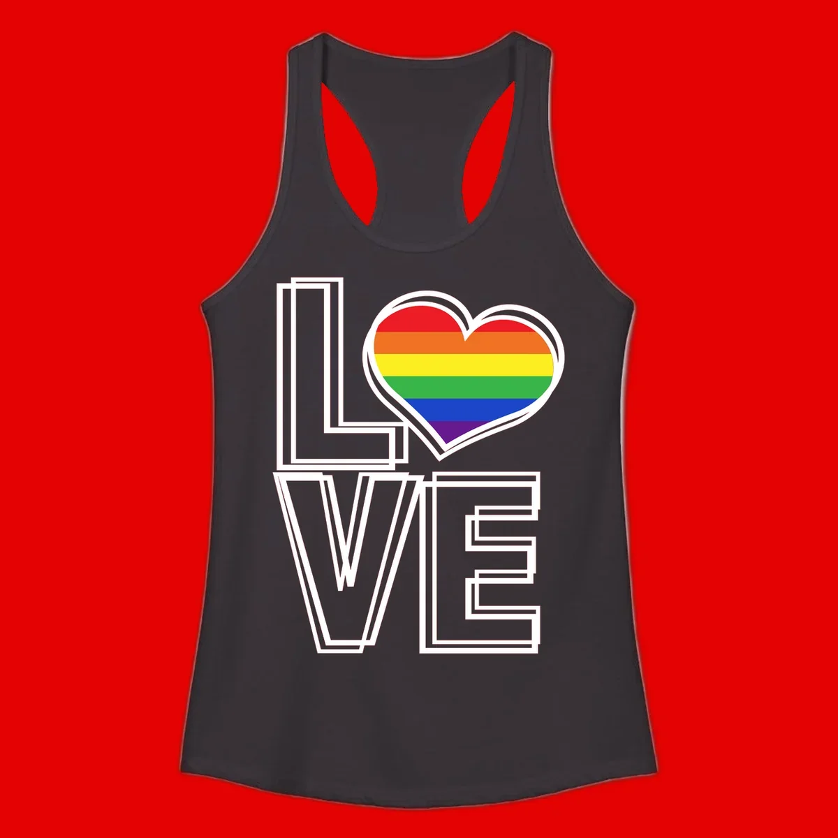 Love is love rainbow heart design with vibrant Pride flag colors in an outlined heart shape and bold LOVE text