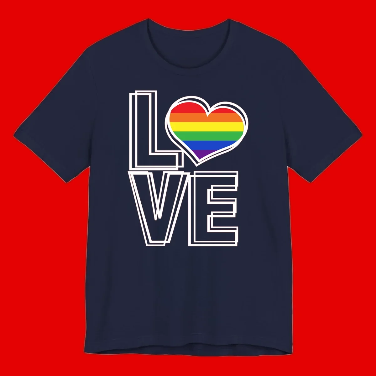 Love is love rainbow heart design with vibrant Pride flag colors in an outlined heart shape and bold LOVE text