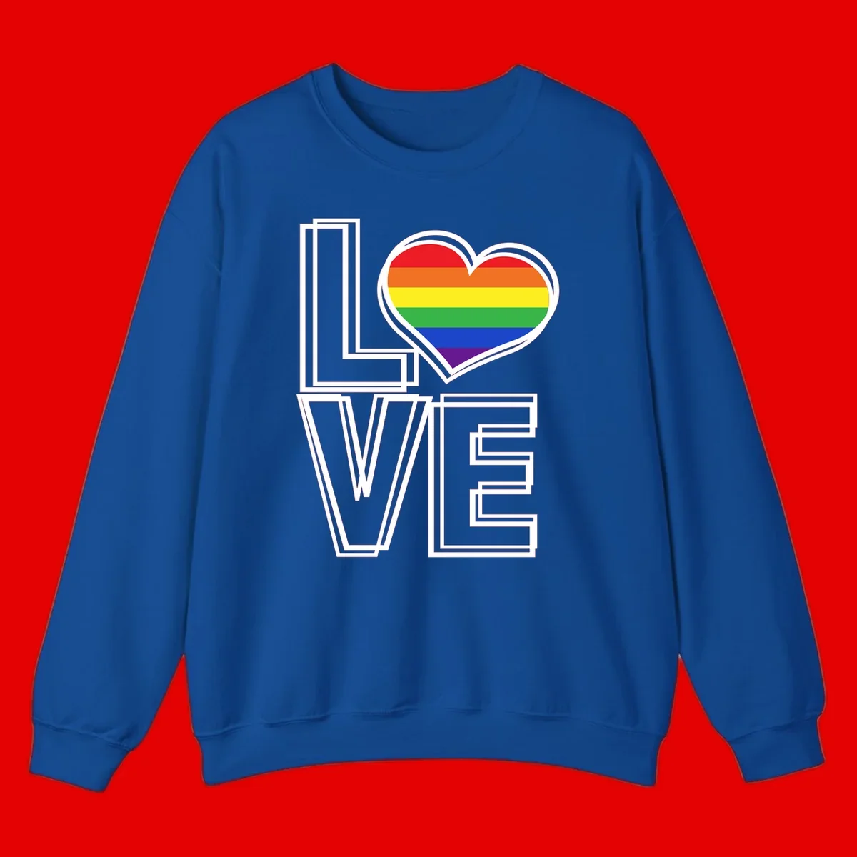 Love is love rainbow heart design with vibrant Pride flag colors in an outlined heart shape and bold LOVE text