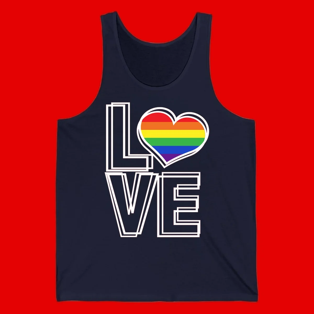 Love is love rainbow heart design with vibrant Pride flag colors in an outlined heart shape and bold LOVE text