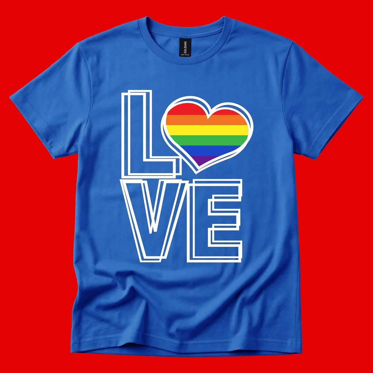 Love is love rainbow heart design with vibrant Pride flag colors in an outlined heart shape and bold LOVE text