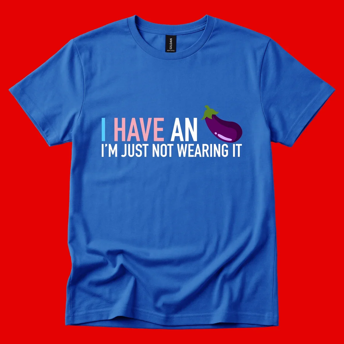 Humorous design with 'I Have An Eggplant I'm Just Not Wearing It' text and purple eggplant illustration