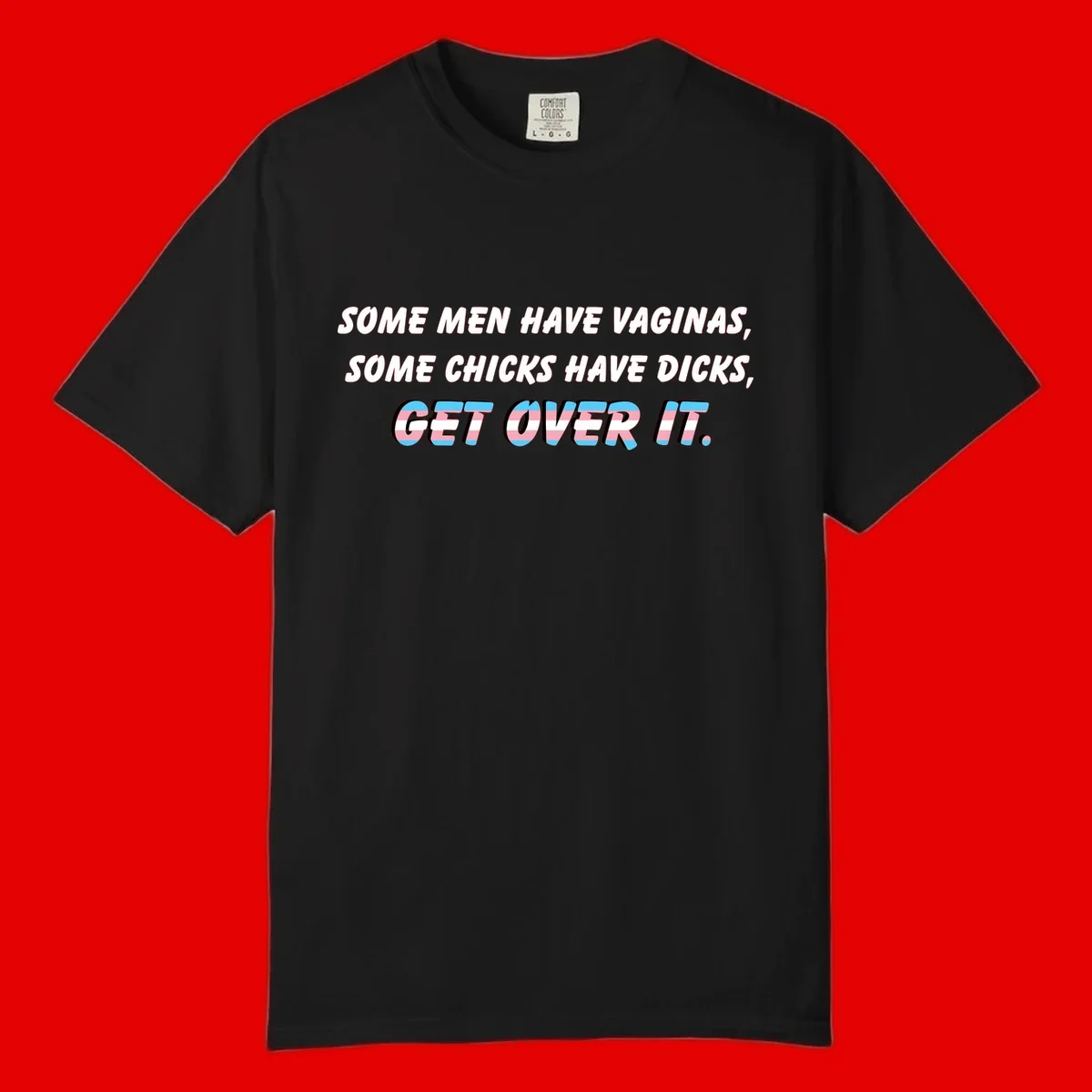 Get over it trans pride design with white text on gray background and trans flag colors in final phrase