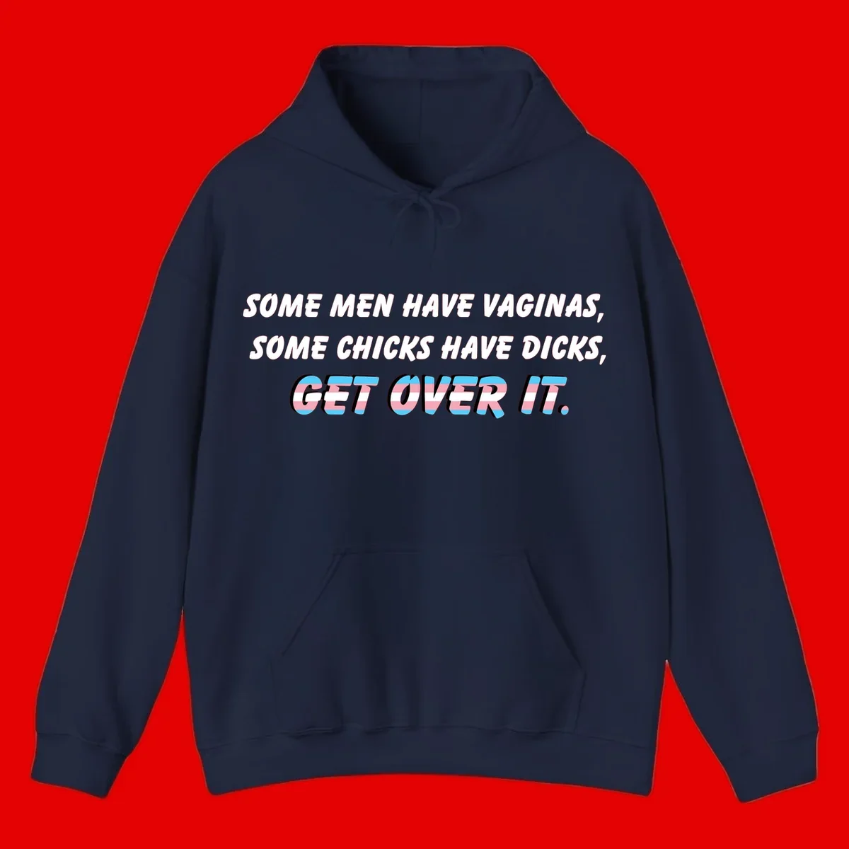 Get over it trans pride design with white text on gray background and trans flag colors in final phrase