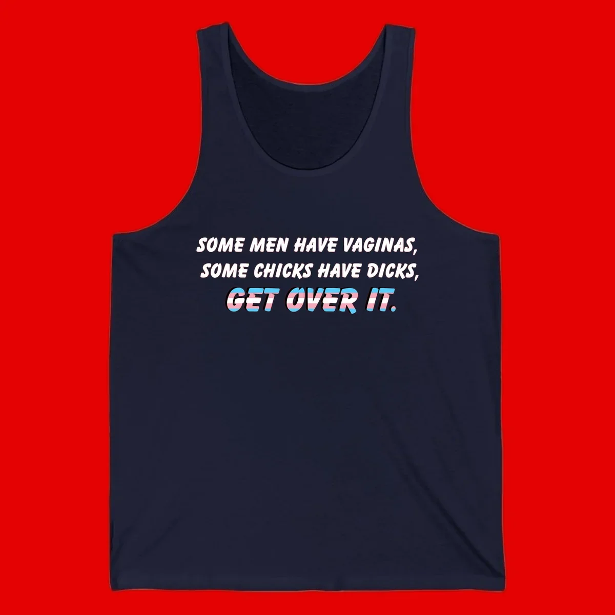 Get over it trans pride design with white text on gray background and trans flag colors in final phrase
