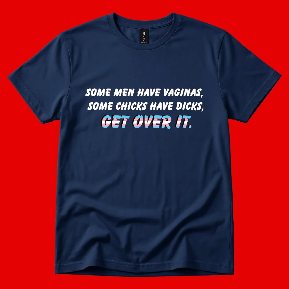 Get over it trans pride design with white text on gray background and trans flag colors in final phrase