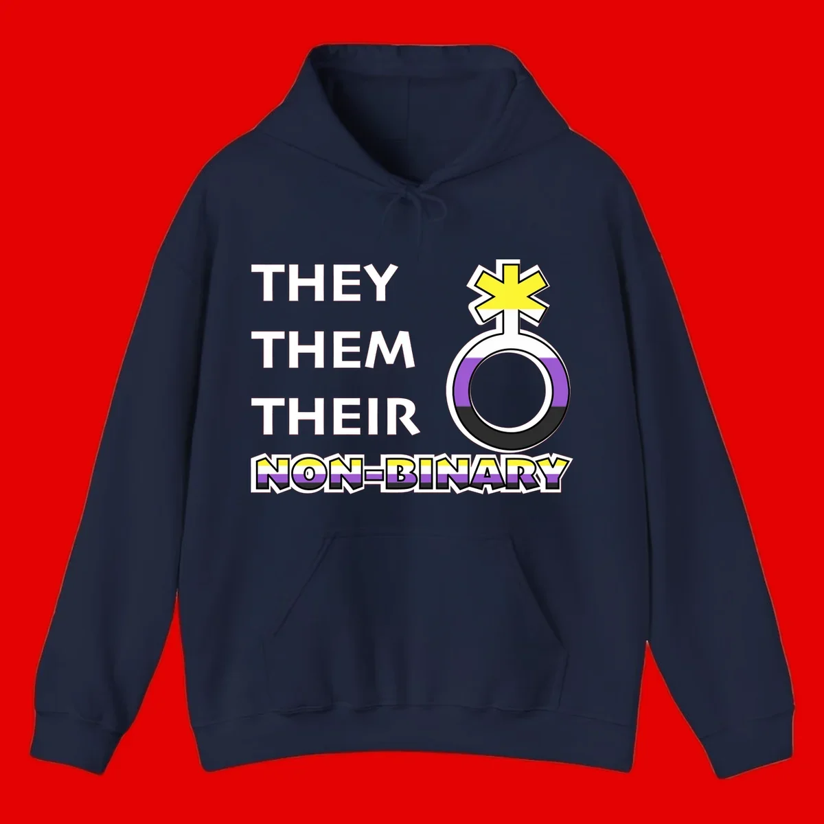 They/Them/Their Non-Binary Pride design featuring a female symbol in non-binary flag colors with bold text pronouns